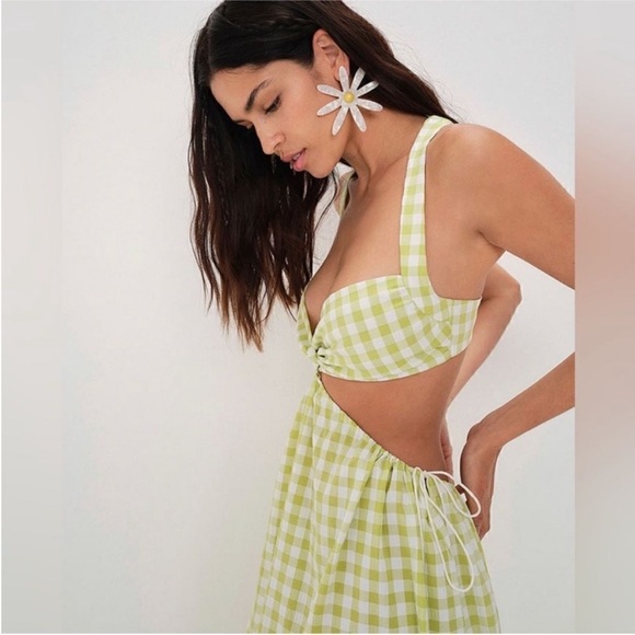 For Love and Lemons Maureen Midi Gingham Green White Cutout Dress Size Small NWT - Picture 2 of 9